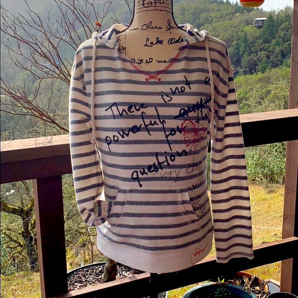 Desigual Cream and Navy Striped Hoodie Sweatshirt with Graphic Script